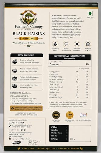 Image of Farmer's Canopy Black Seedless Raisins Jumbo Size 250g | Premium Afghan Black Kishmish | Naturally Sweet Sun-Dried Raisins | Rich in Antioxidants | Healthy Snack for Kids & Adults | No Added Sugar