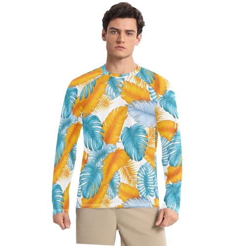 Mens UV Protection Shirts Rash Guard Long Sleeve UPF 50+ Blue Palm Tree Blue Quick Dry S