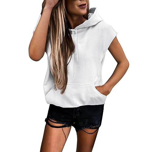 Hoodie Damen Ohne Ärmel Kapuzenshirt Kurzarm Sweatweste mit Kapuze Urban Classic Frottee Shirt mit Taschen Oversize Ärmellos Kapuzenpullover Causal Hoody Sweatshirt Pullover