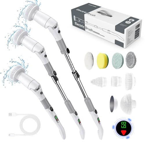 Cepillo Electrico Limpieza hogar, Cepillo Limpieza Electrico sin Cable Velocidad de 550 RPM Velocidad con 8 Cabezales Intercambiables Y Mango Extensible Ajustable para Baño, Cocina, Coche, Paredes