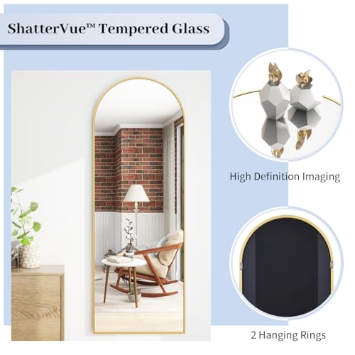 Image of BEAUTYPEAK 64 inchx21 inch Arch Floor Mirror, Full Length Wall Hanging or Leaning Arched-Top Full Body Mirror with Stand for Bedroom, Dressing Room, Gold