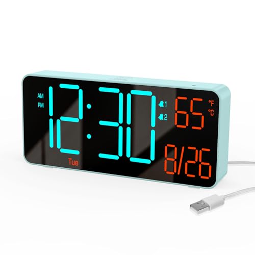 KOSUMOSU Alarm Clock for Bedroom, 6.7in Small Digital Clock, Auto Dimming, Room Temperature, Day of The Week, Date, Alarm Clocks for Living Room, Desk Clocks Blue (Blue + Orange Digits)