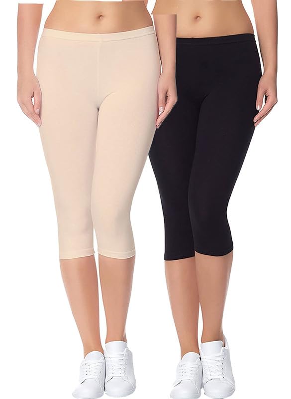 Swastik Stuffs Cotton Lycra 3/4 Leggings/Capri for Women and Girls – Pack of 2 | High Quality Comfortable Leggings/Capri