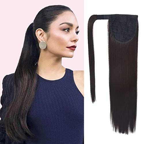 SEIKEA Clip in Ponytail Extension Wrap Around Natural Hairpiece for Women 24 Inch Straight Hair - Black Brown