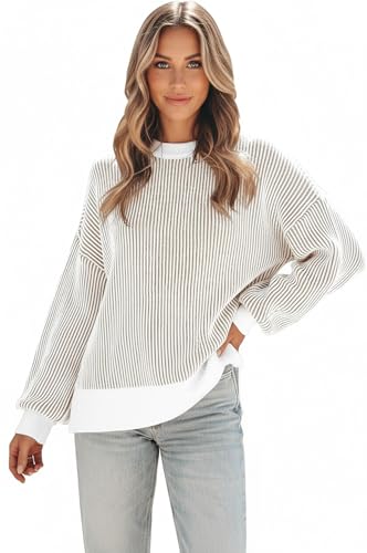 Disamer Womens Sweaters 2025 Fall Clothes Batwing Long Sleeve Striped Knit Pullover Tops Fashion Outfits Oversized Sweater2