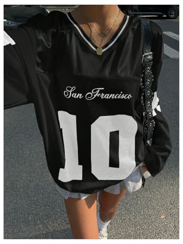 Verdusa Women's Jersey Shirt Long Sleeve Y2K Oversized V Neck Mesh Sport Graphic Tee Tops3