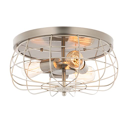 15 Inch Metal Cage Brushed Nickel Flush Mount Ceiling Light Fixture with 3 Lights, Industrial Vintage Ceiling Fixtures for Master Bedroom, Living Room, Farmhouse Lighting, ETL.