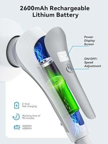 Image of Electric Spin Scrubber,Cordless Cleaning Brush with Power Display Screen,IP68 Waterproof Shower Cleaning Brush with 8 Replaceable Brush Heads,Adjustable & Detachable Handle and 2 Adjustable Speeds