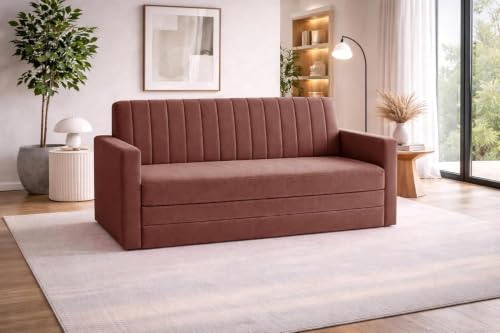 Image of Rosebell Foldable 3-Seater Sofa-Cum-Bed | 3-in-One Convertible Couch with Armrest | Modern Fabric Sofa for Living Room, & Office-Brown