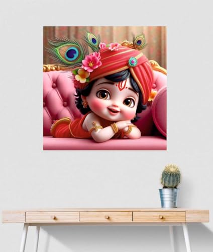 Image of Akki Wold Cute Red Krishna sleeping On Soffa With 3-Feather Wall Poster For Living Room, Office, Pooja Room (Size - 41CM X 41CM)