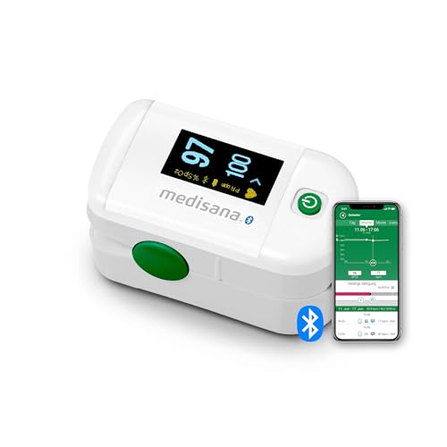 medisana PM 100 connect oxímetro de pulso medición de la saturación de oxígeno en la sangre, oxímetro de pulso para el dedo con pantalla OLED con la aplicación VitaDock+ y el Bluetooth