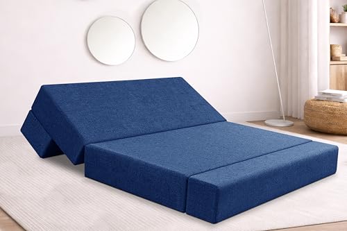 Image of Rosebell Two Seater Foldable Sofa Cum Bed (4x6 Feet) ? Jute Fabric, Washable Removable Cover, Includes Cushion | Space Saving Convertible Sofa Bed for Home, Office & Guests - Blue