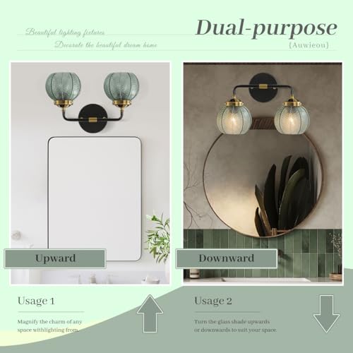 Image of Mid Century Vintage Bathroom Vanity Light 2-Head Green Glass Sconce | Wall Lamp, Wall Sconce, Black, Ribbed Glass Orbs, Light Fixture, Entryway, Doorway, Powder Room, Easy Install, 2-Light, E26