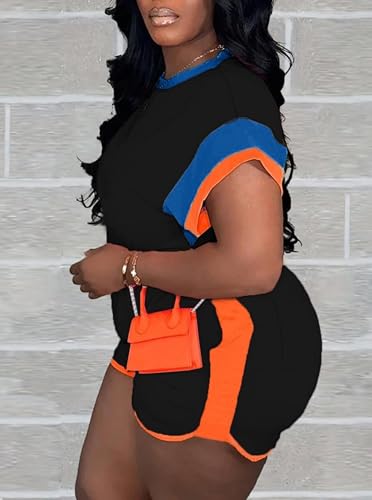 LovelyWholesale Women 2 Piece Outfits Color Block T Shirt with Shorts Set Summer Tracksuit3
