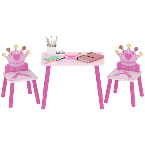 HOMCOM Juego de Mesa y 2 Sillas Infantiles de Madera Set de Mesa de Escritorio 55x34x42 cm y Sillas 28x26x50 cm para Niños 2-4 Años para Salas de Juego Dormitorio de Niño Rosa
