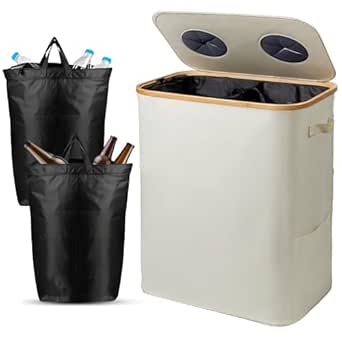 140L Pfandflaschen Sammelbehälter mit Deckel & XXL Tragetaschen, Flaschensammler für Leergut & Altglas, 2 Fächer Organizer mit Lochdesign, Recycling Behälter für Küche & Abstellraum (Beige)