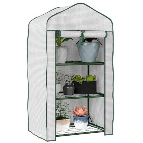 Outsunny Serre de Jardin avec étagères 3 Niveaux, Serre de Balcon, bâche renforcée PE, châssis en Acier, Porte zippée Enroulable, pour légumes Plantes...