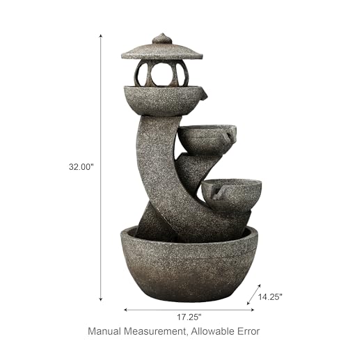 Image of Glitzhome Pagoda Outdoor Water Fountain with LED Light, 4-Tier Oversized Cascading Stacked Stone Waterfall Fountains, Natural Stone Look Outdoor Fountain for Garden Patio Porch, 32 inchH