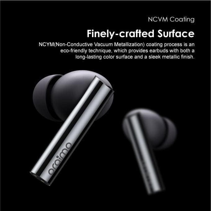 Close-up of Oraimo Free Pods Pro earbud showing NCVM coating