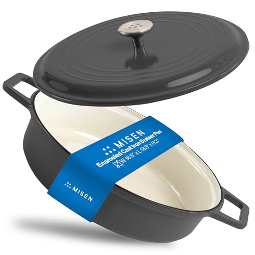 Misen Enameled Cast Iron Braiser Pan with Lid - Shallow Depth for Braising & Poaching - Durable Cookware - Oven Safe - Easy Handling - Chip-Resistant Enamel - Multi-Purpose Cooking - Black