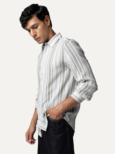 Image of Urbano Fashion Men's Cotton Full Sleeve Relaxed Fit Linen Striped Shirt with Spread Collar