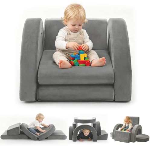 PY HOME & SPORTS Kids Modular Sofa Play Set 7-Piece Creative Foam Couch for Children Soft Coral Fleece Multiple Configurations Improves Hands-On Skills & Imagination Compressed Packaging
