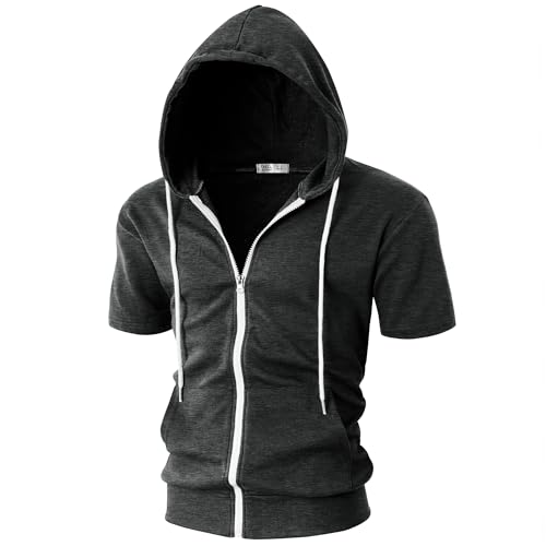 Ohoo Mens Slim Fit Short Sleeve Lightweight Zip-up Hoodie with Kanga Pocket/DCF007-CHARCOAL-XL