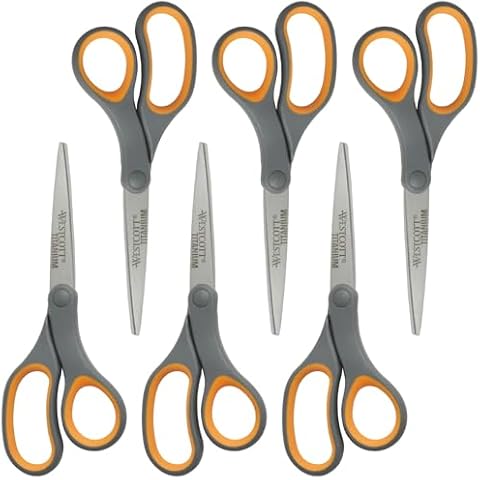 Westcott Titanium Bonded Scissors, Soft Handle, 8", Straight, Gray/Yellow, 6-Pack Cover