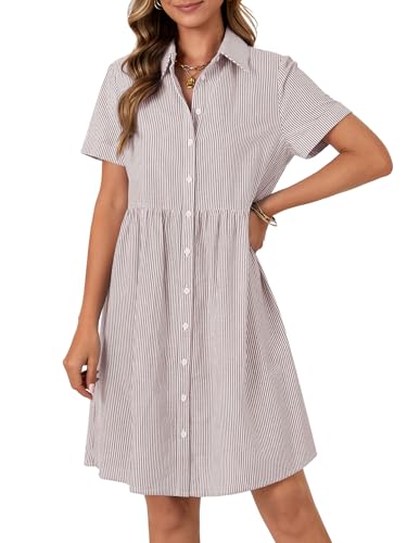 Image of Rooscier Women's Striped Shirt Dress Button Down Collared Short Sleeve Mini Dress