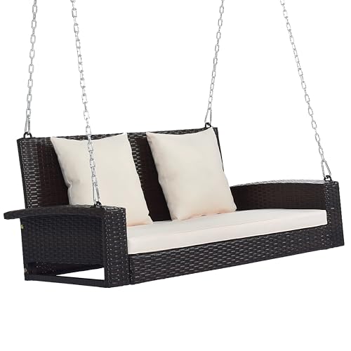 Image of Patio Outdoor Double Seater Swing Chair Without Stand for Balcony, Garden | Weather Resistant Rattan & Wicker Hammock Jhula for Adults | Outdoor Sofa Swing (Brown & Light Cream)