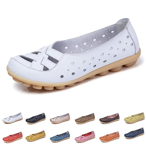 Womens Cowhide Leather Slip On Moccasins Shoes Flat Slipper Comfortable Leather Loafers Breathable Lightweight Round Toe Nurse Loafer Driving Walking Flat Work Shoes4