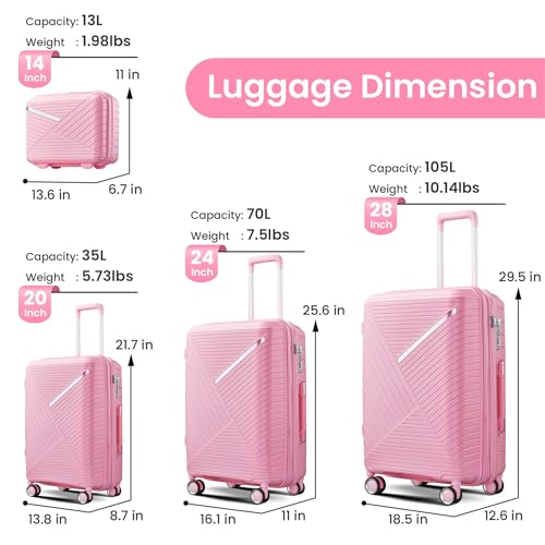 Luggage Sets(14in/20in/24in/28in) with 4 Double 360 Degrees Mute Spinner Wheels Hard Shell Expandable Luggage 4-Piece Set Lightweight Suitcase with TSA Lock PP Materials Durable White2