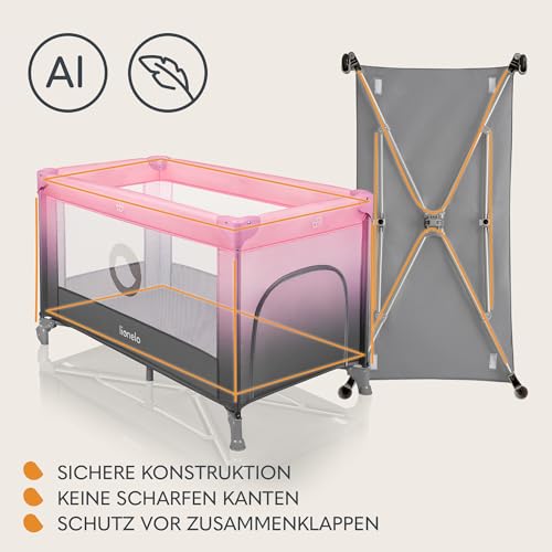 Lionelo Stefi Baby Kinderbett, Reisebett ab Geburt bis 15 kg, Seiteneingang, Sicherungssystem LockGuard, Blockade der Räder, Tragetasche, zusammenklappbar