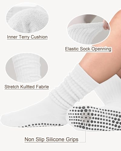 Image of Aoliks Pilates Grip Socks for Women, Slouch Non Slip White Yoga Socks for Barre Reformer Class, Scrunch Grippy Socks for Indoor Home Exercise