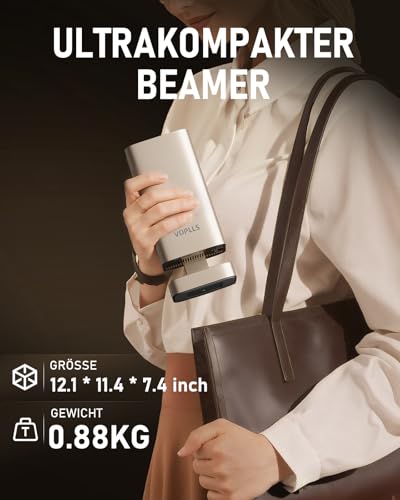 Smart Mini Beamer 4k [Offiziell Netflix & Dolby Audio] VOPLLS TOF Autofokus/Trapezkorrektur 28000 Lumen Projektor, WiFi6 Bluetooth Full HD 1080P 210° Drehbar Beamer Heimkino/Outdoor für Handy/PC