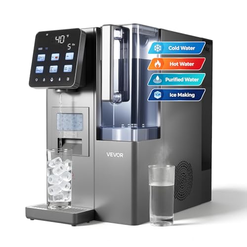 VEVOR Ice Maker Water Filter Dispenser, 4-in-1 Countertop Ice Making Machine with Room Temperature, Hot & Cold Water, 6-Stage RO Filter + Mineralization Filter, Multi-Functional for Home Office Party