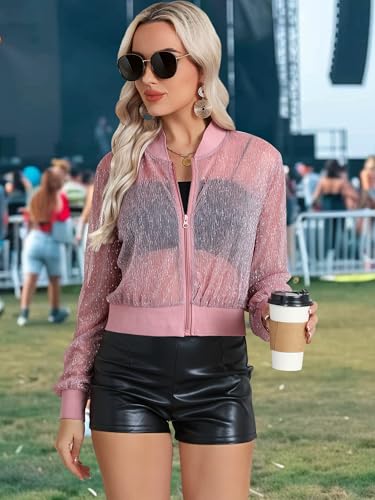 Nlife Women Sheer Mesh Sparkly Crop Bomber Jacket See Thru Glitter Rave Festival Clubwear Night Out Party Concert Outfit