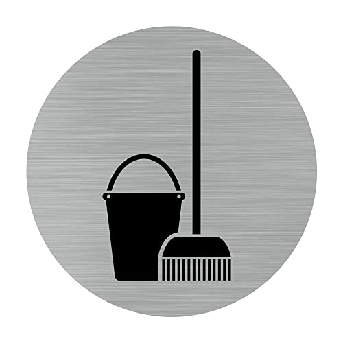 Signalétique.biz France - Plaque de porte Local Ménage (Q0175) - Diamètre 76 mm - Adhésif aspect aluminium brossé