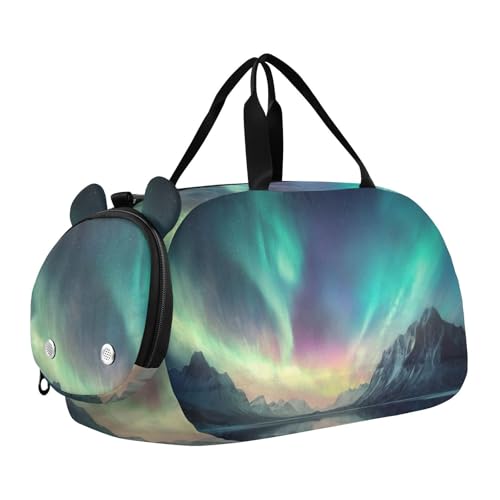 Aurora Borealis Pattern Duffle Bag for Girl, Sports Duffle Gym Bags with Shoe Compartment, Personalized Overnight Bag Travel Weekender for Kids