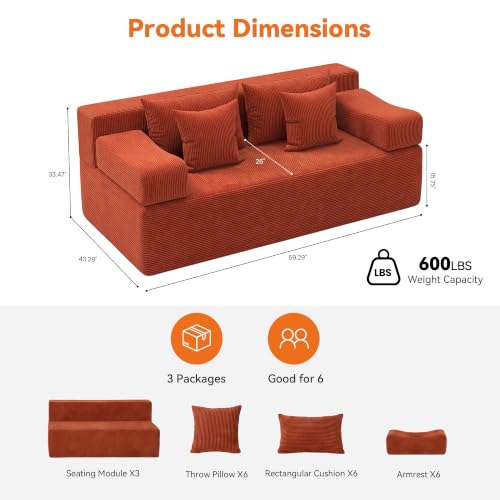 Image of MONVANE 3-Piece Boneless Loveseat Couch Set for Living Room, Oversized Modular Sectional Sofa Set with Removable Armrests, Comfy Corduroy Cloud Couch with 12 Pillows, No Assembly Required, Terracotta