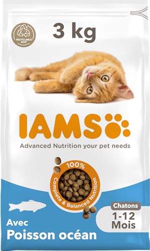 IAMS Advanced Nutrition - Croquettes Premium Chatons - Savoureuses complètes Equilibrées - Favorise Croissance - Au Poisson de l'Océan – sans OGM colorants arômes artificiels - Sac refermable de 3 kg