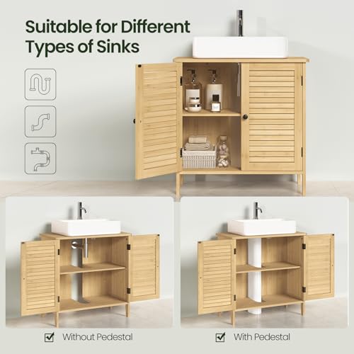 EUGAD Waschbeckenunterschrank, Badezimmer Unterschrank, aus natürlichem Material, Waschtischunterschrank, Badezimmerschrank mit 2 Lamellentüren 1 Verstellbarer Ablage, 60x60x30 cm