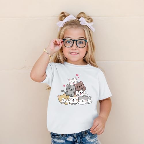 Image of KEEVICI Cute Cartoon Cat Shirts for Girls Kids Graphic Tees Kawaii Animal Pattern T Shirt Cotton Crewneck Summer Loose Tops