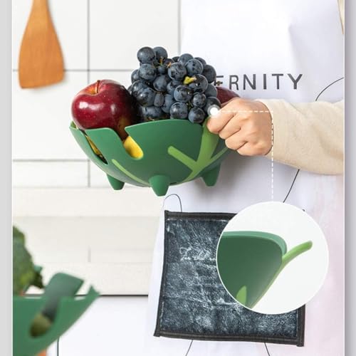 Image of Leaf Wash N Fruit Basket Green Plastic Leaf Shape Strainer Serving Bowl | Multipurpose Fruit & Vegetable Washer, Storage Decorative Tray | Space-Saving Stackable Design, 34x27x11 cm
