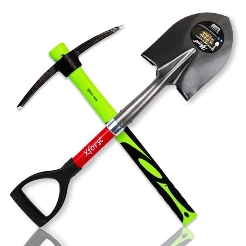 Xforst Set de Jardinage avec Pioche et Mini Pelle, avec des Manches en Fibre de Verre et têtes en Acier Forge. Solides et légères. Idéale pour Le Jardinage, la randonnée et la Prospection.