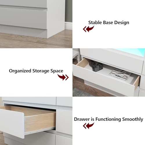 Gyfimoie 6 Drawer Double Dresser with Power Outlet, Accent Chests of Drawers with LED Light, Modern White Storage Dresser with Charging Station (Mirror Not Included) - Image 9