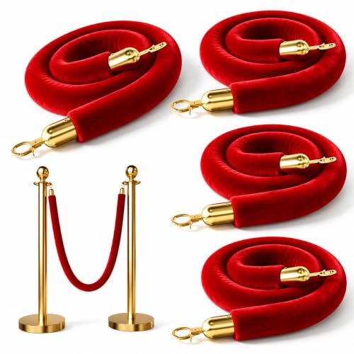 Image of 4PCS Red Velvet Stanchion Ropes 5 Ft Crowd Control Ropes Barrier with Gold Hooks for Party Supplies,Photobooth Accessories, Prom,Birthday,Business,Wedding, Museums