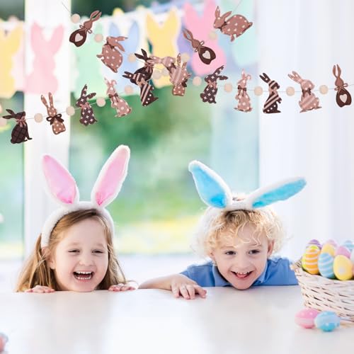 Image of Easter Felt Garland Brown Easter 3D Bunnies with Wooden Beads Banner Holiday Decorative Hanging Bunting Garland for Spring Home Mantel Fireplace Window Wall Decor