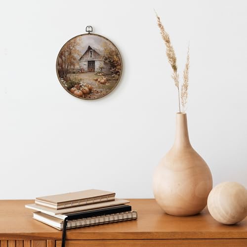 TLESKE 素朴な秋のパンプキンファームハウスラウンドウォールアート装飾フレーム10x10、ヴィンテージコテージコア納屋コテージキャンバスウォールアートプリントアートワーク、秋の壁掛けルームドア装飾 寝室キッチン用 [3]