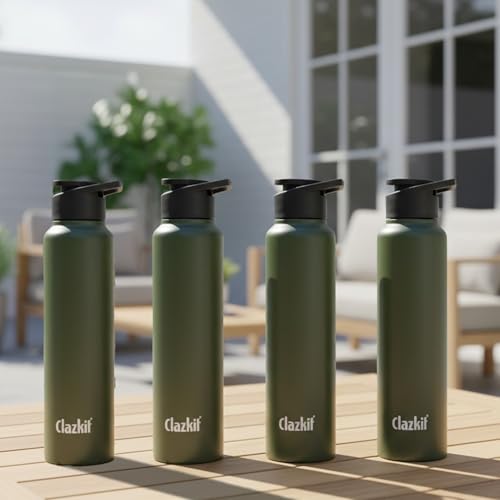 Clazkit Alpha Sporty Stainless Steel Water Bottle Single Wall 1000ml Set of 4 | Lightweight, Leak-Proof, Reusable | Ideal for School Kid,Office, Gym & Travel | Green